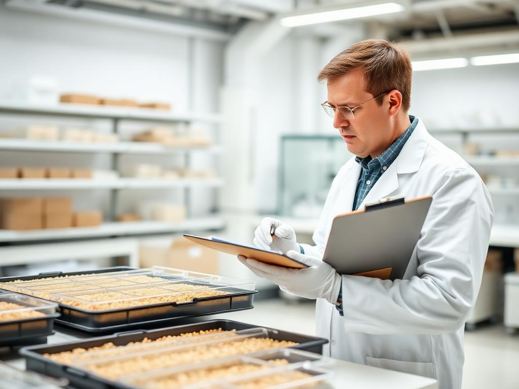 Quality inspector testing grain samples in a laboratory