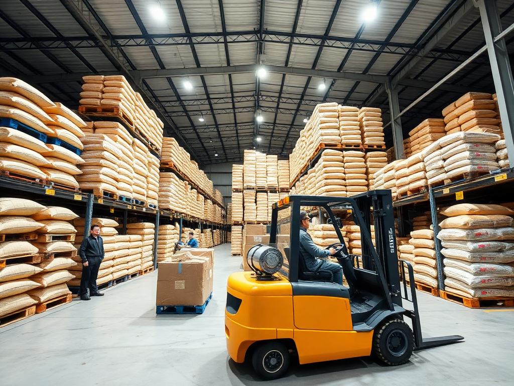 Export warehouse with stacked pallets of graded produce