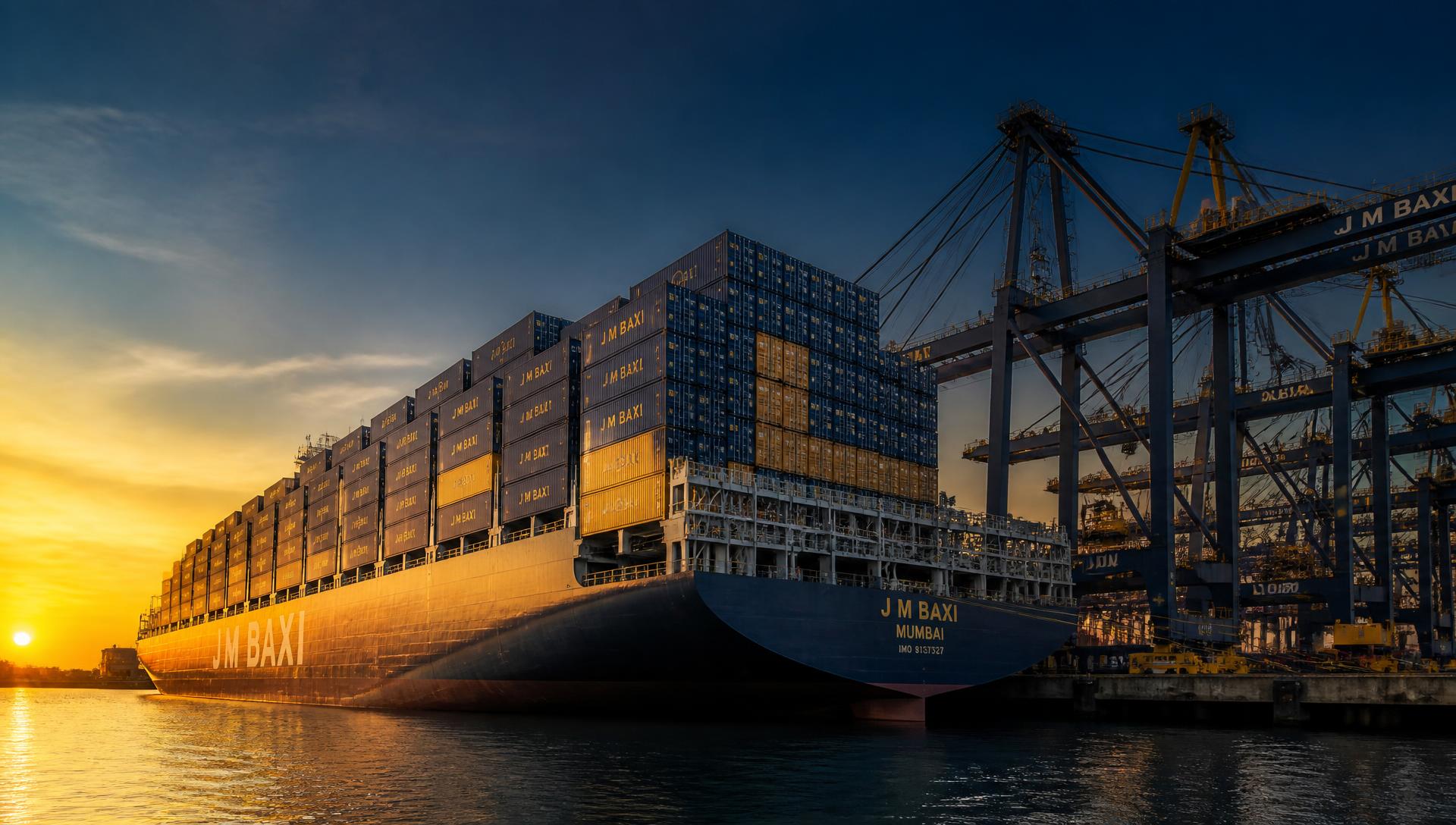 Container ship being loaded at an Indian port at sunset